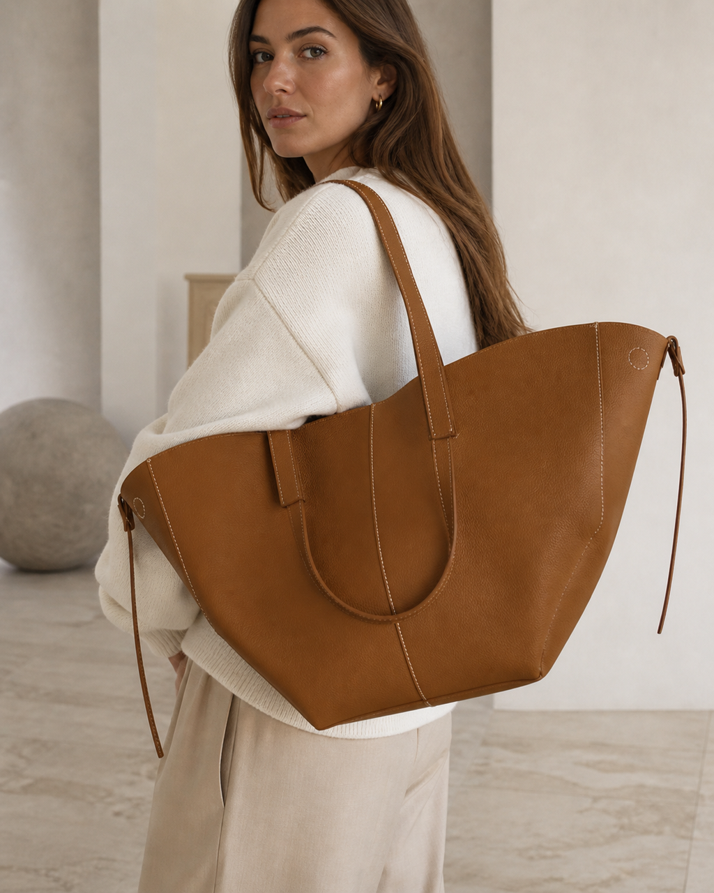Bolso Tote de Piel Artesanal IKIGAI COUTURE - Color Marrón ángulo