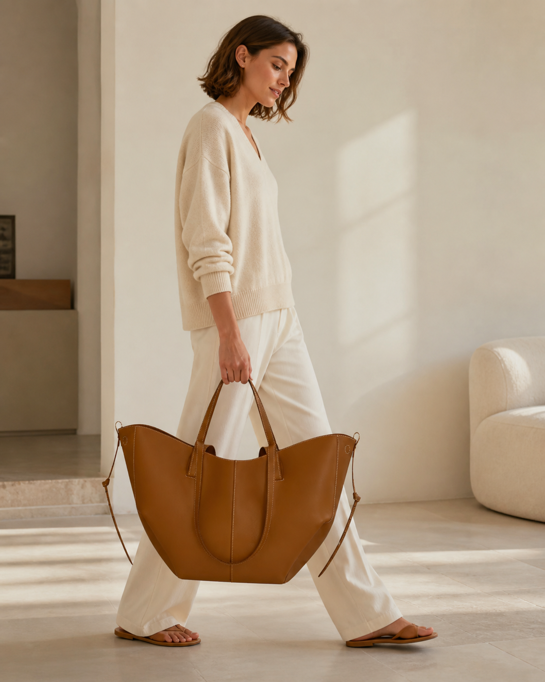 Bolso Tote de Piel Artesanal IKIGAI COUTURE - Color Marrón detalle